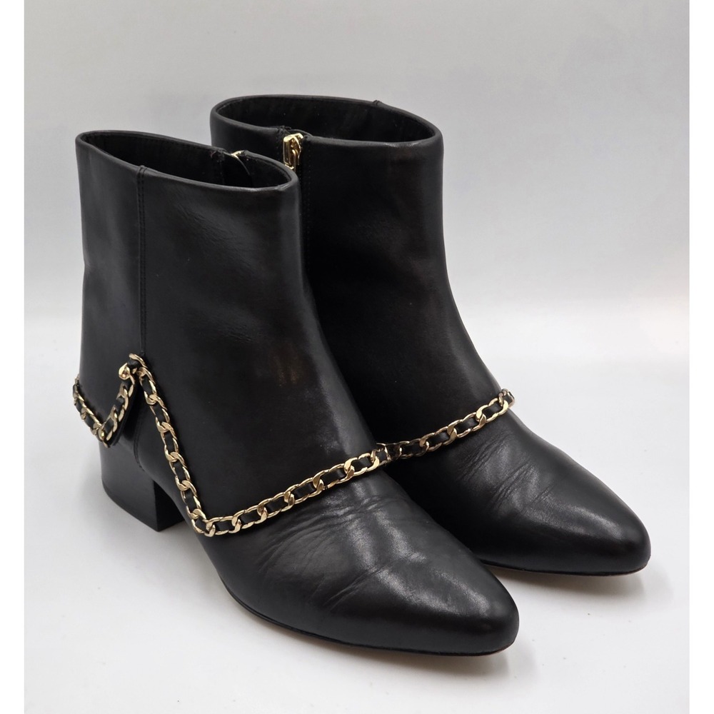 Karl Lagerfeld Cassie Women's 7.5M Black Leather Gold-toned Chain Ankle Boots